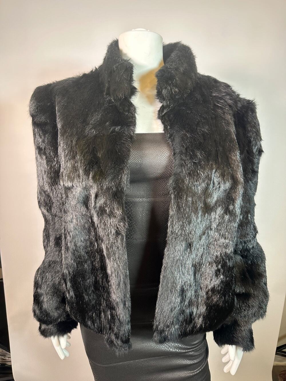 Berman Black Genuine Rabbit Fur Jacket | Luxury Cropped Fur Coat Size L